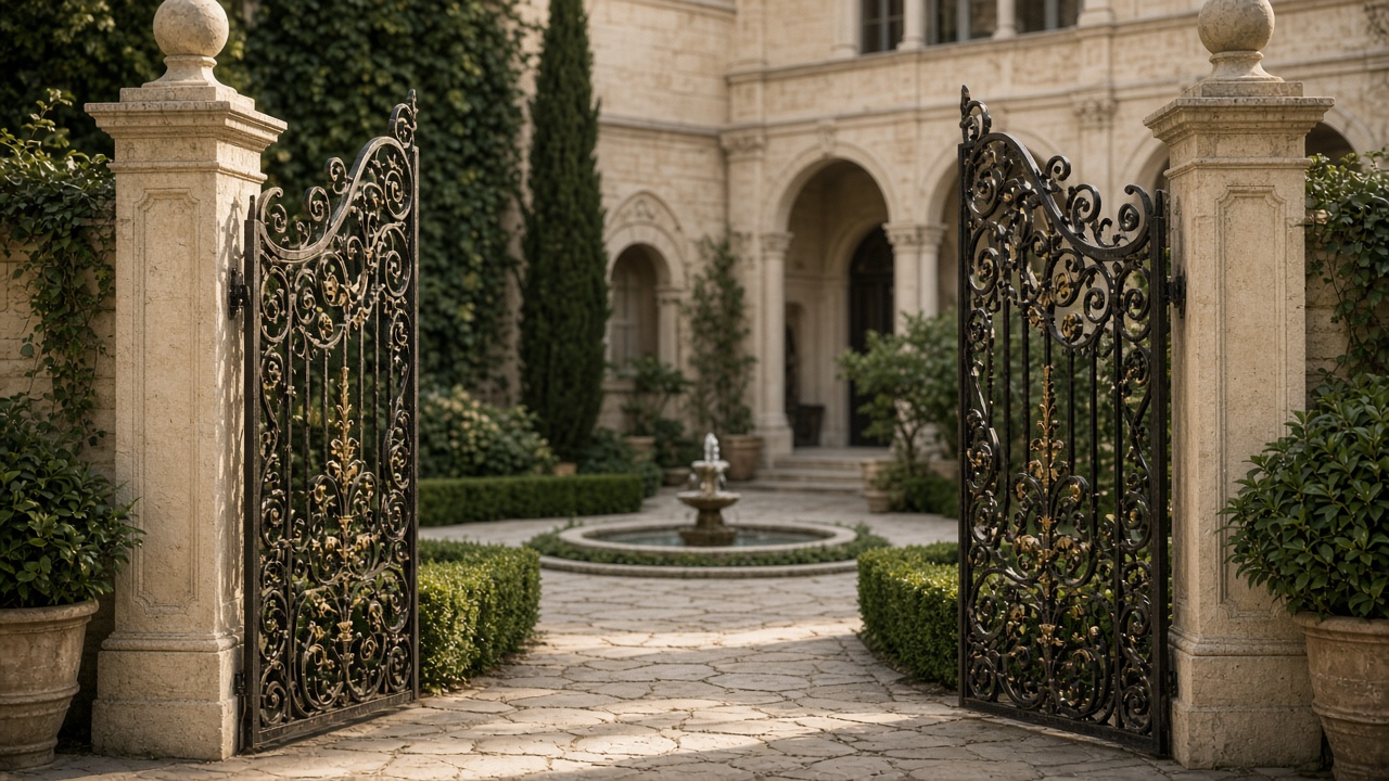 Quiet courtyard entry with open gates
